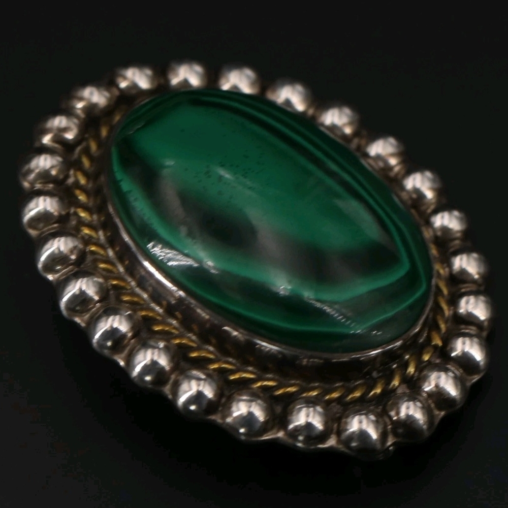 Taxco VTG Taxco Malachite 925 Sterling Silver 2 Tone Brooch Stamped 24 Grams